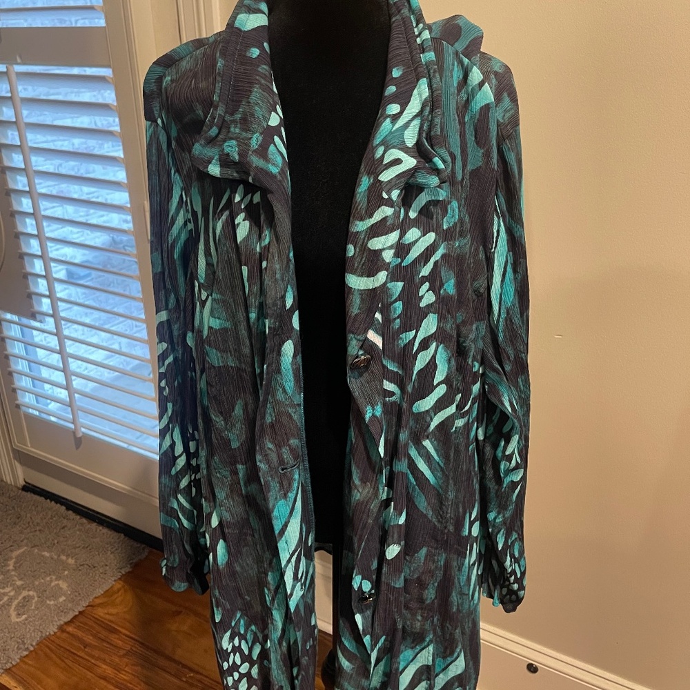 Ming Wang Teal and Black Patterned Long Blazer